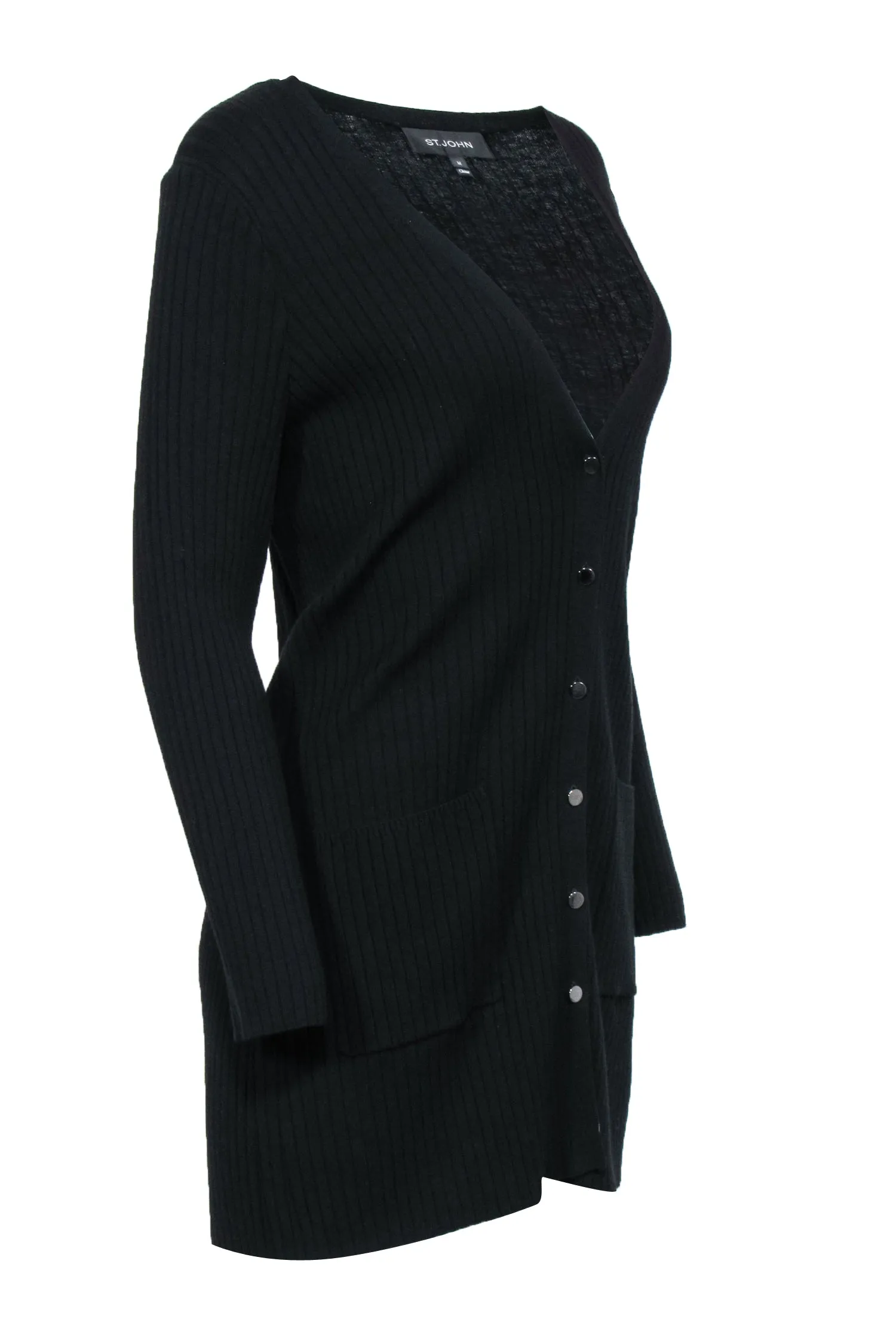 St. John - Black Ribbed Knit Longline Cardigan w/ Buttons Sz M