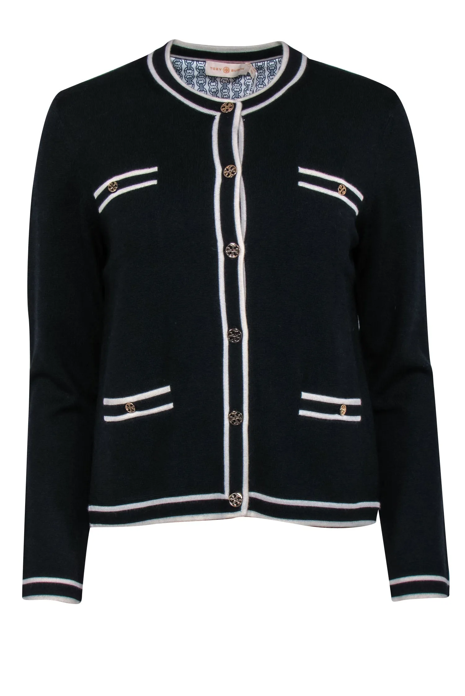 Tory Burch - Black w/ White Trimmed Merino Wool Long Sleeve Cardigan w/ Gold-Toned Logo Buttons Sz M