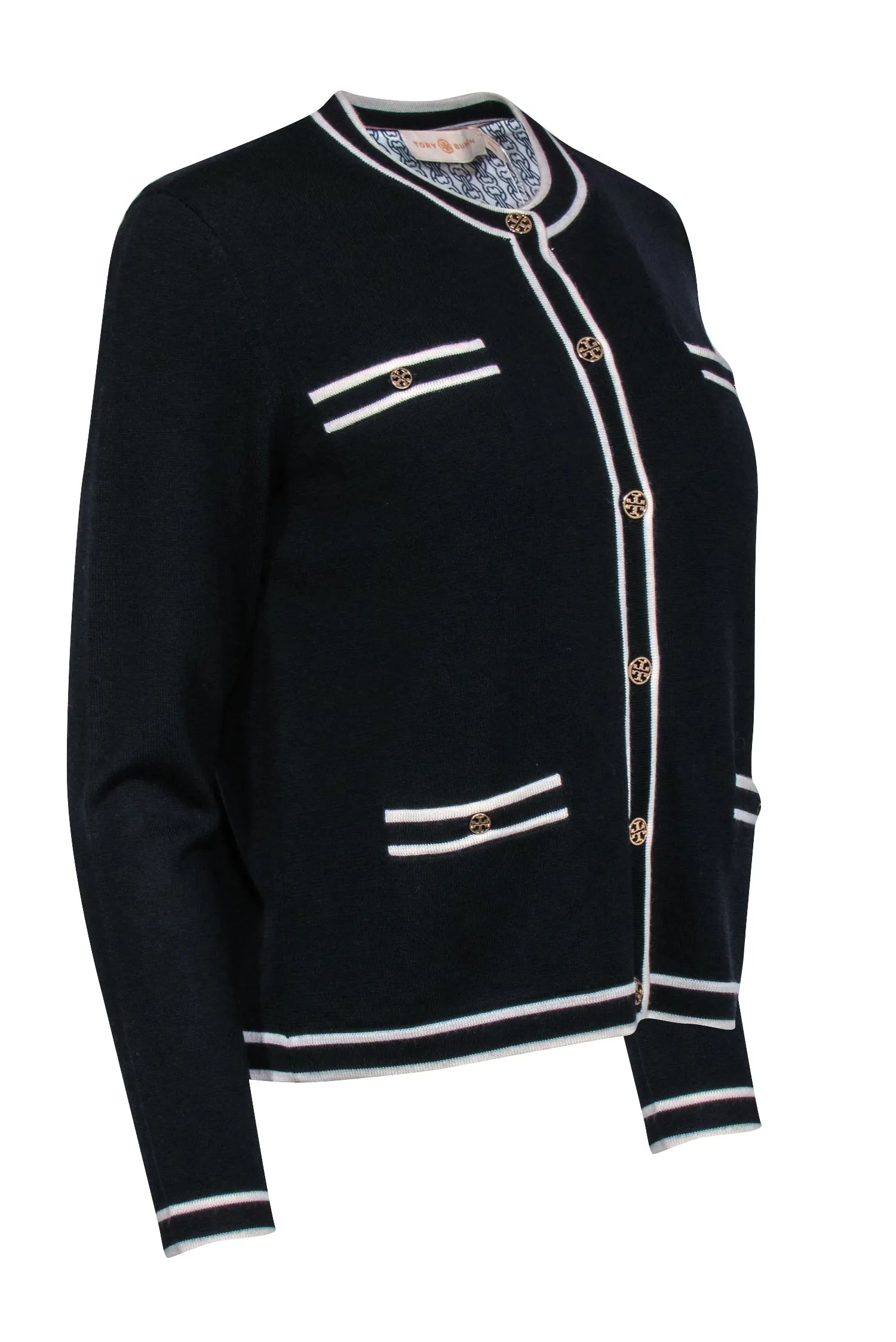 Tory Burch - Black w/ White Trimmed Merino Wool Long Sleeve Cardigan w/ Gold-Toned Logo Buttons Sz M