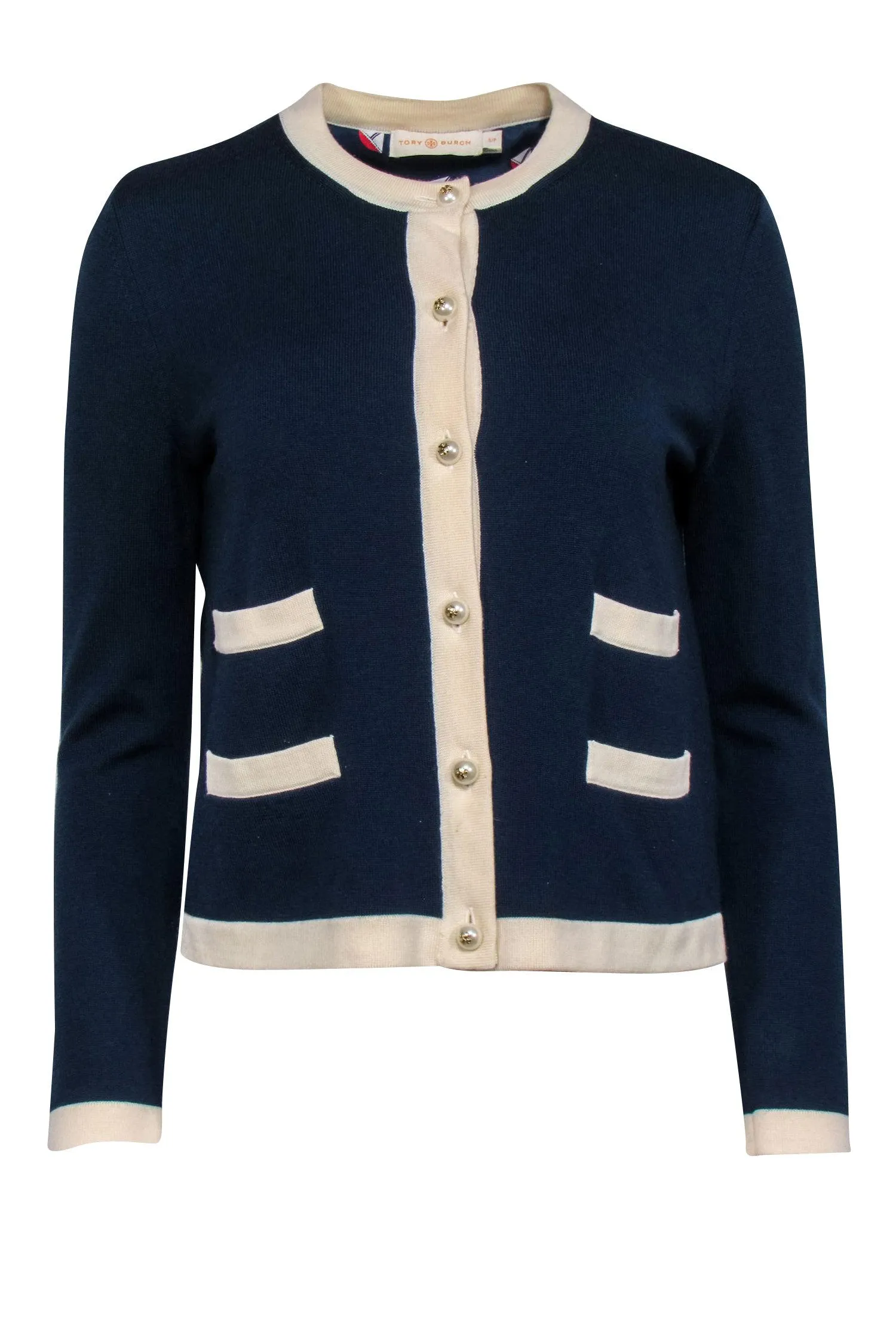 Tory Burch - Nautical Navy Wool Cardigan w/ Pearl Button Accents Sz S