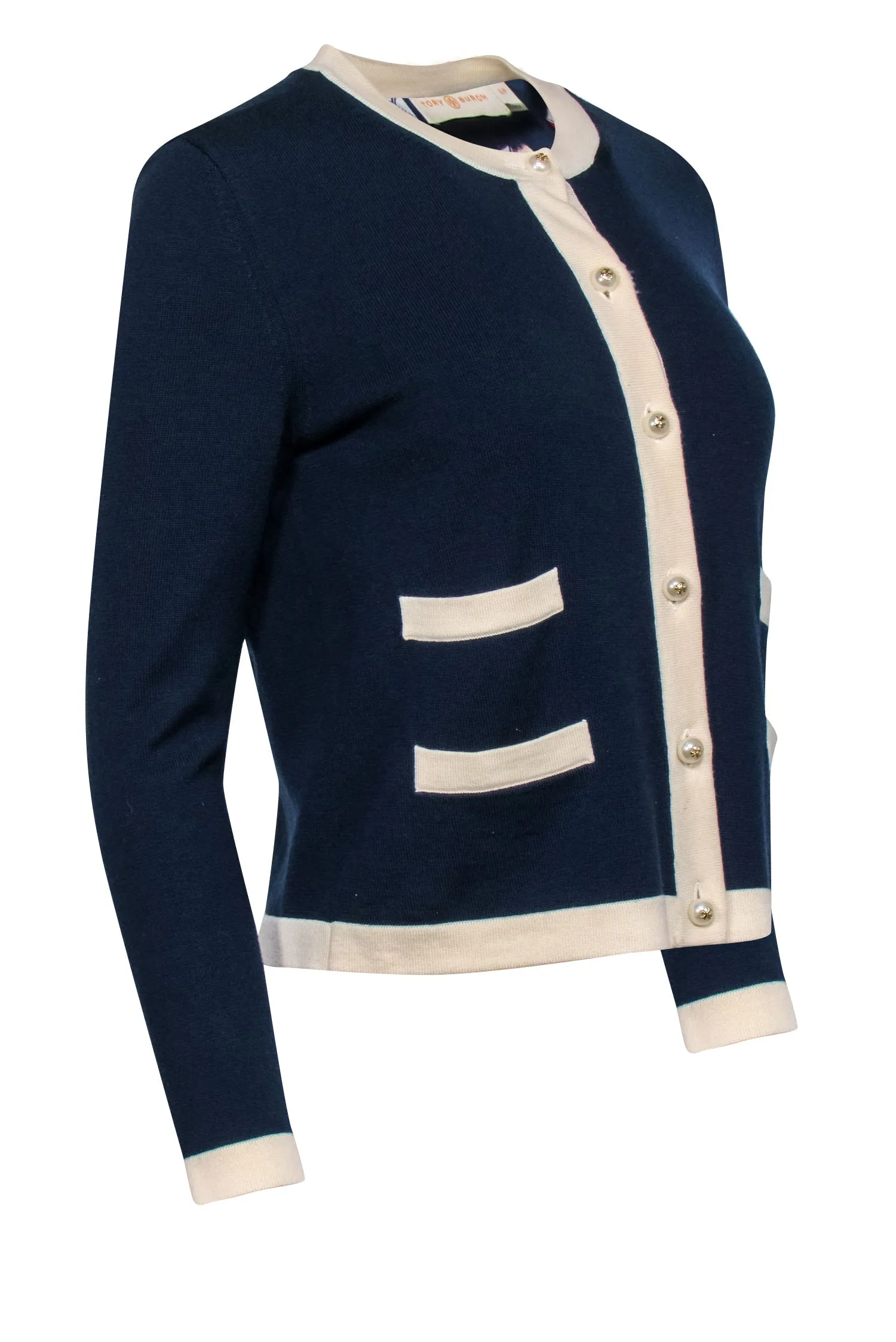 Tory Burch - Nautical Navy Wool Cardigan w/ Pearl Button Accents Sz S