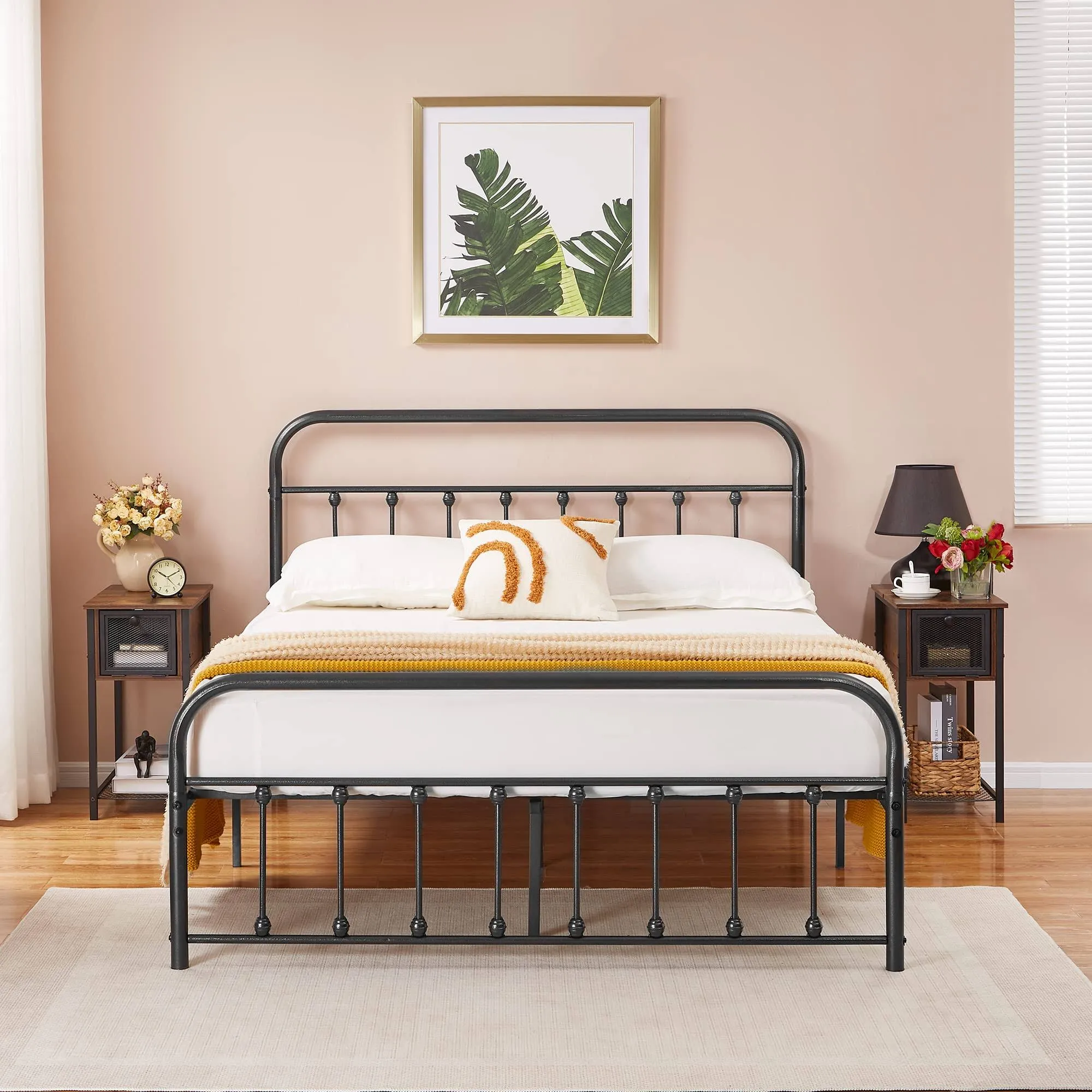 Vecelo Bed Frame Queen Size Metal Platform With Headboard & Footboard, Premium Steel Slat Support Mattress Foundation