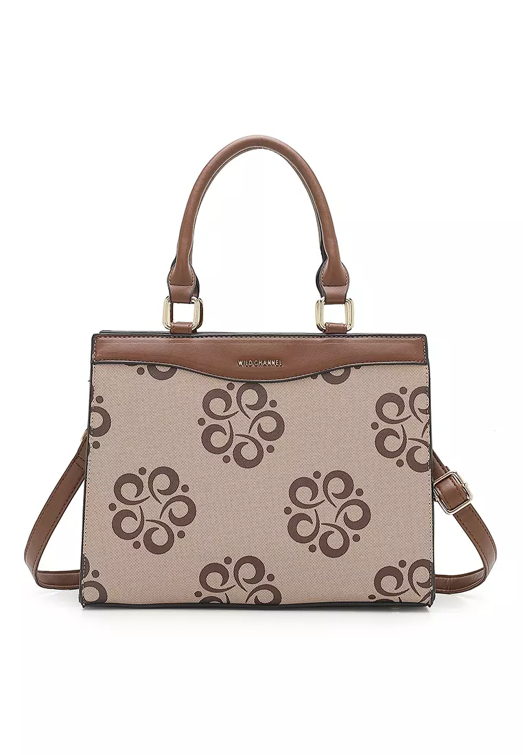 Wild Channel Women's Monogram Top Handle Bag / Sling Bag / Crossbody Bag - Beige