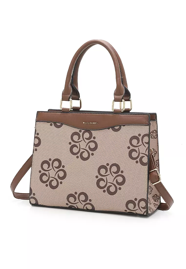 Wild Channel Women's Monogram Top Handle Bag / Sling Bag / Crossbody Bag - Beige