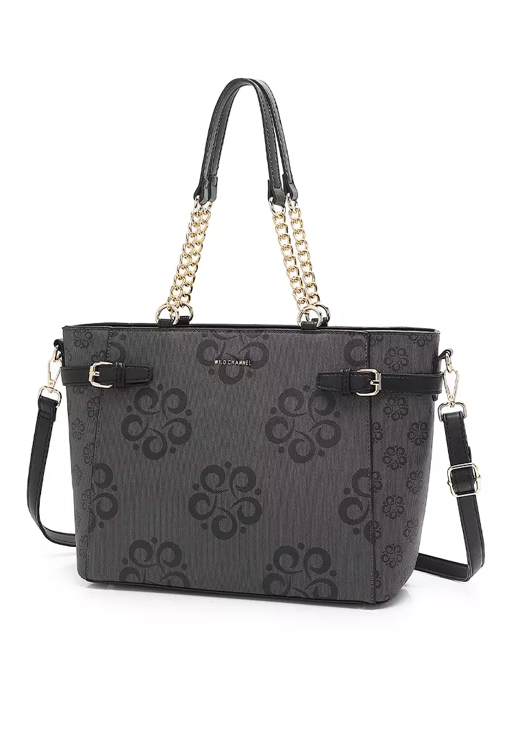 Wild Channel Women's Monogram Top Handle Bag / Sling Bag / Crossbody Bag - Black