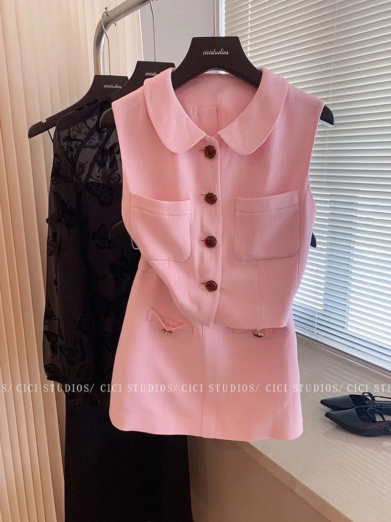 Xiaoxiangfeng pink sleeveless single-breasted vest suit for women summer 2024 new style temperament high-waisted skirt two-piece