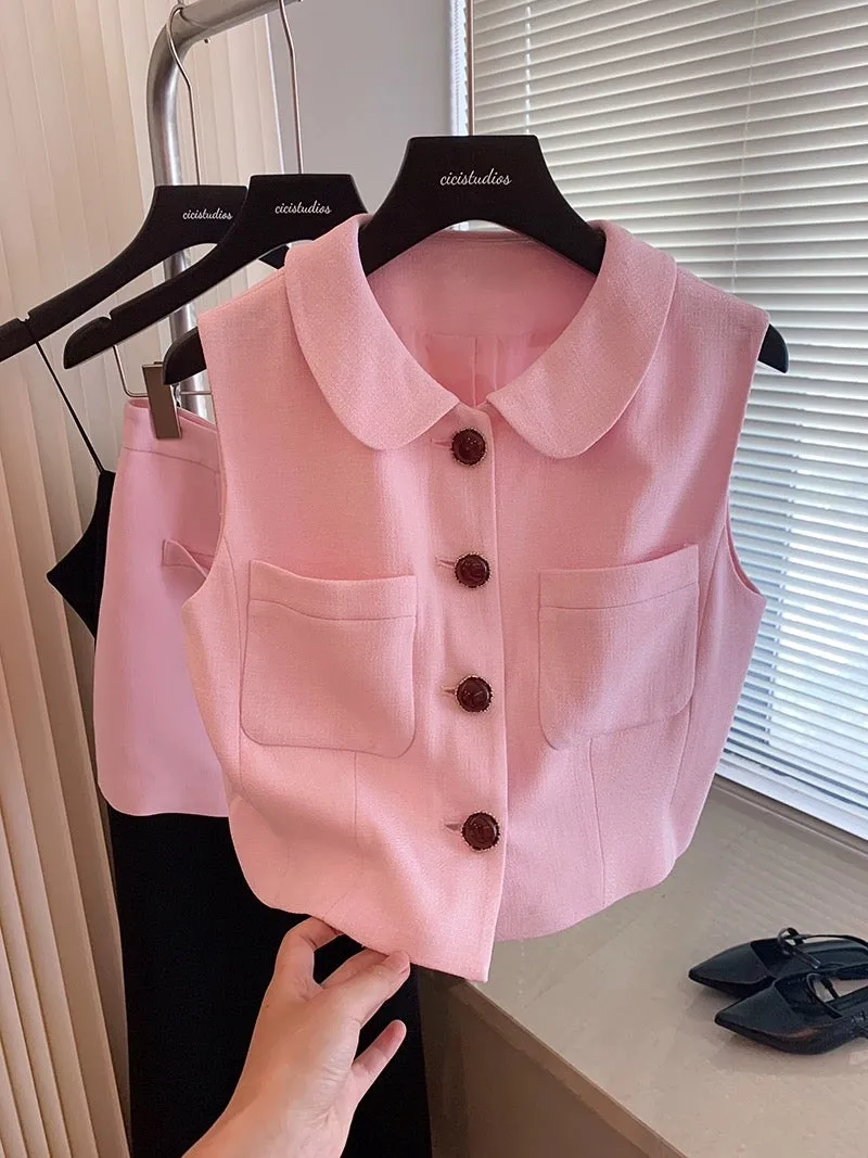 Xiaoxiangfeng pink sleeveless single-breasted vest suit for women summer 2024 new style temperament high-waisted skirt two-piece