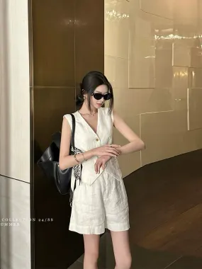 【ZHENG YU】Old money style linen suit, loose sleeveless vest, wide leg shorts, retro two-piece set