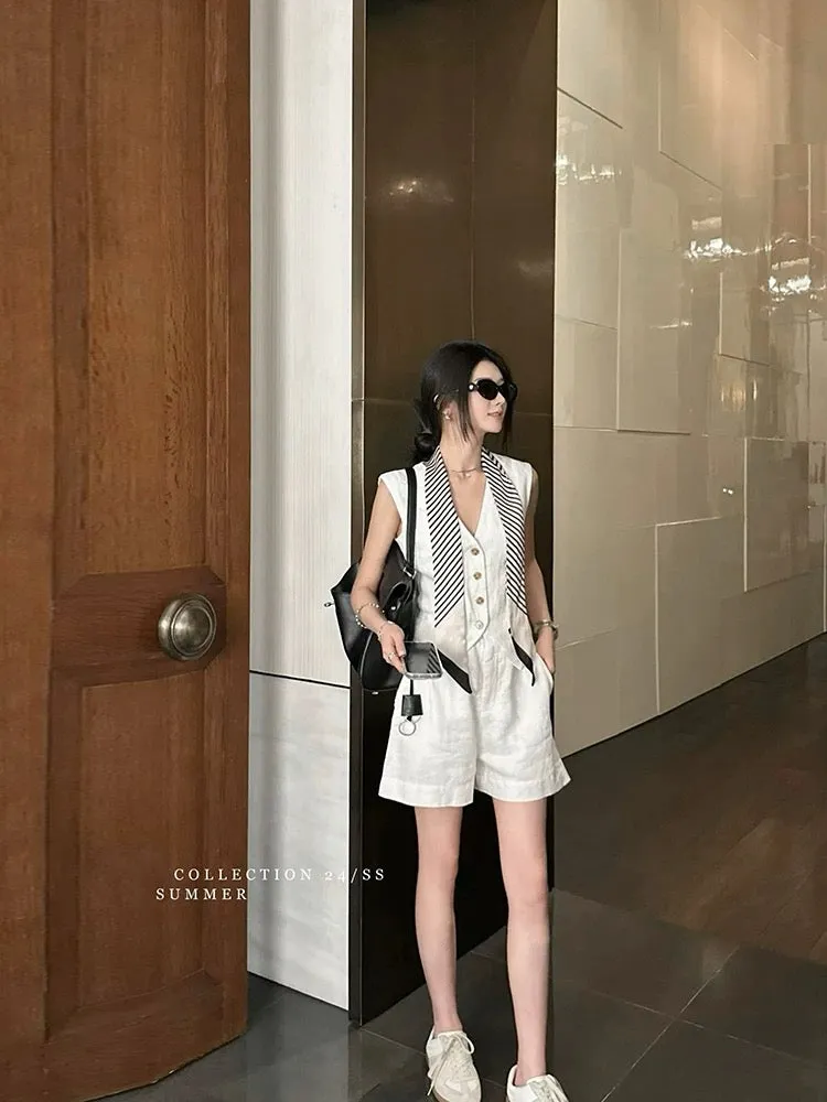 【ZHENG YU】Old money style linen suit, loose sleeveless vest, wide leg shorts, retro two-piece set